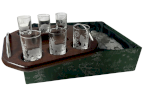JAGERGLASS Set of vodka glasses on a wooden stand with a decanter