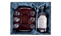 JAGERGLASS Set of vodka glasses on a wooden stand with a decanter